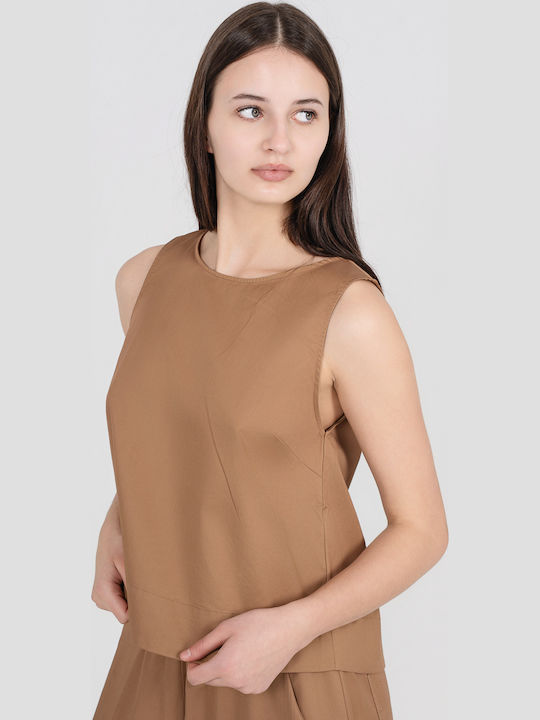 Γυναικείο Crop Top Βαμβακερό Αμάνικο Taupe