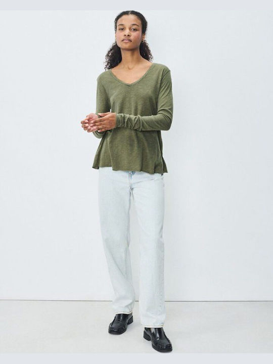 Women's Long Sleeve Sweater Woolen with V Neckline Green