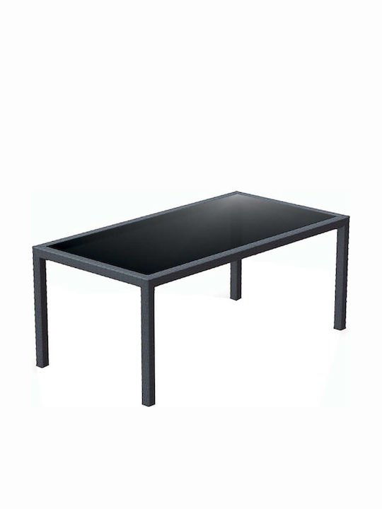 Tahiti Outdoor Dinner Free Standing Table with Glass Surface and Rattan Frame Gray 180x94x75cm