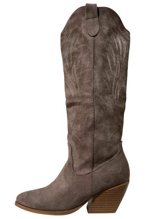 Suede Women's Cowboy Boots with Mid Heel Brown