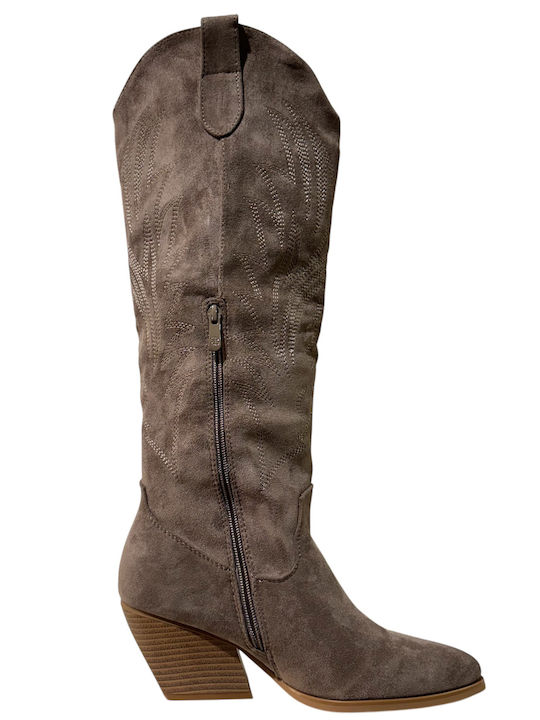 Suede Women's Cowboy Boots with Mid Heel Brown
