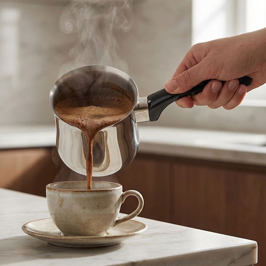 Cheffinger 900ml Turkish Coffee Pot Integrated Spout Ergonomic Handle Black Silver