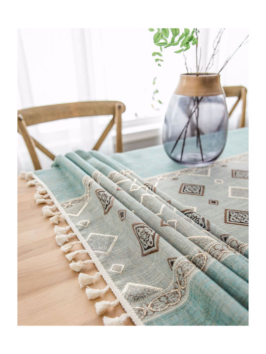 FRIPIA Fripia Leinen Tischtuch Mit Stickerei Blau 140x240cm