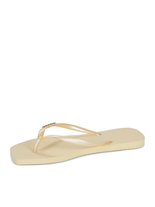 Square Logo Metallic Flip Flops in Beige Colour