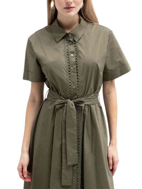 Summer Midi Shirt Dress Short Sleeve Khaki
