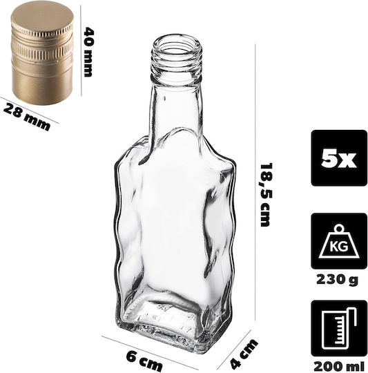 Glass Bottle Liqueur 200ml Long Golden Cap 5 Pcs