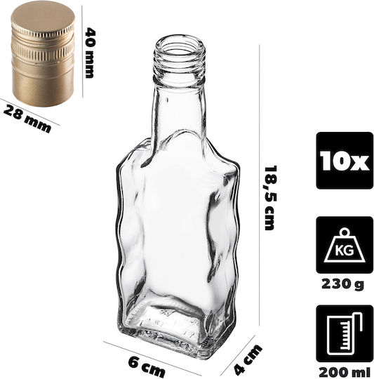 Glass Bottle Liqueur 200ml Long Golden Cap 10 Pcs