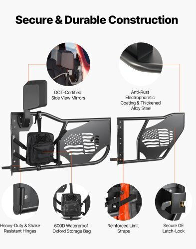 Vevor Jeep Tube Türen 4-Türer Kompatibel 2007-2018 Jeep Wrangler Jk Unlimited Stahl Off Road Vorder- und Hintertüren Rohrrahmen Halbtüren Dot Zertifizierte Seitenspiegel Aufbewahrungstasche Gummipads