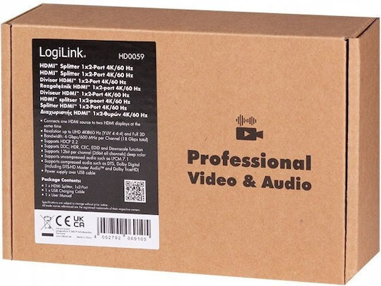 Adaptor Splitter HDMI 1x2 4K/60Hz LogiLink