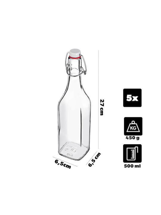 Kadax Μπουκάλι Νερού Γυάλινο με Κλιπ Διάφανο 500ml 5 Τεμάχια