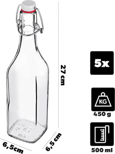Kadax Μπουκάλι Νερού Γυάλινο με Κλιπ Διάφανο 500ml 5 Τεμάχια Kadax Μπουκάλι Νερού Γυάλινο με Κλιπ Διάφανο 500ml 5 Τεμάχια