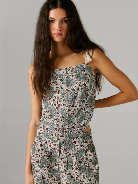 Women's Summer Linen Blouse with Spaghetti Straps Floral Hydro Green