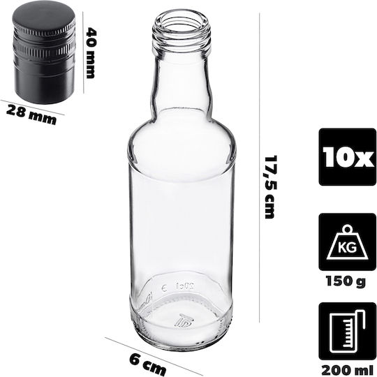 Glas Wein-/Getränkeflaschen 200ml Lange Schwarze Kappe 10 Stück