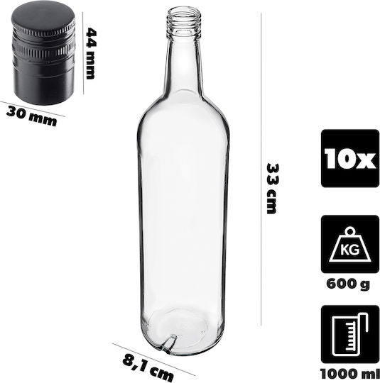 Kadax Glasflasche 1000ml Lange Schwarze Kappe 10 Stück