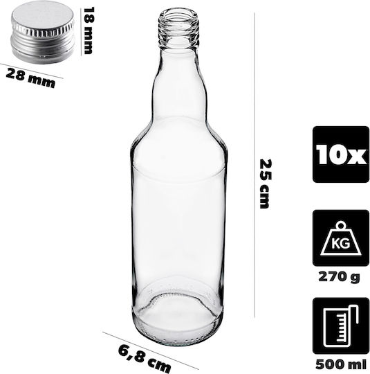 Glass Bottle 500ml Silver Cap 10 Pcs