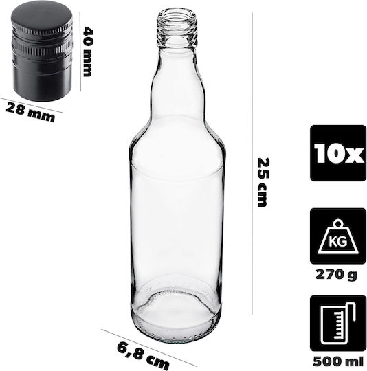 Kadax Glasflasche 500ml Lange Schwarze Kappe 10 Stück