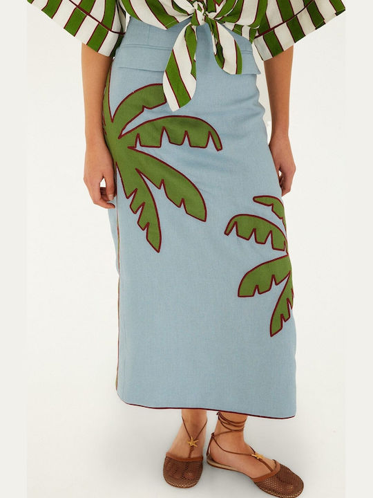 Λινή Maxi Φούστα Floral Blue