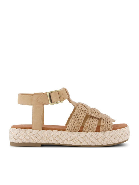 Δερμάτινα Γυναικεία Σανδάλια Flatforms Καφέ