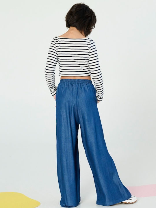 Top Pentru Copii Crop Top Cu Mâneci Lungi Alb - Albastru