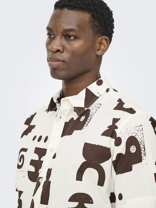 Short Sleeve Shirt in Regular Fit White and Brown