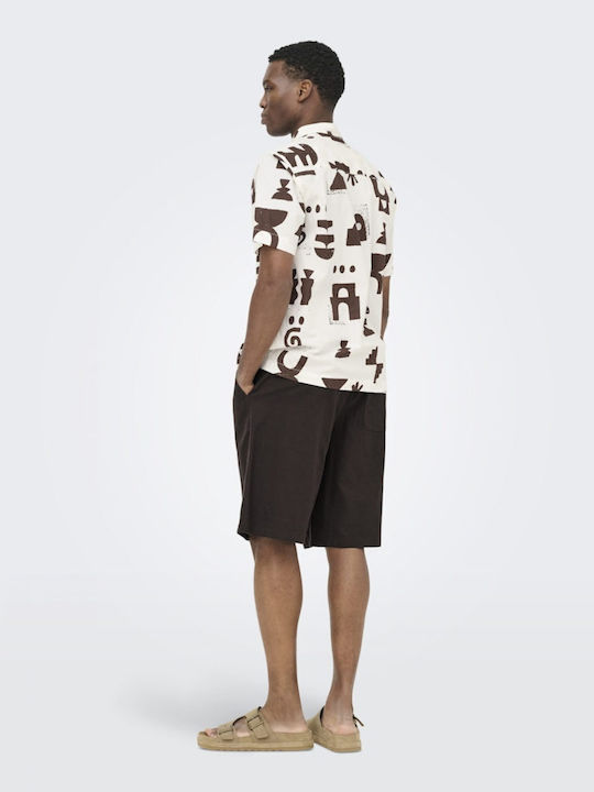 Short Sleeve Shirt in Regular Fit White and Brown