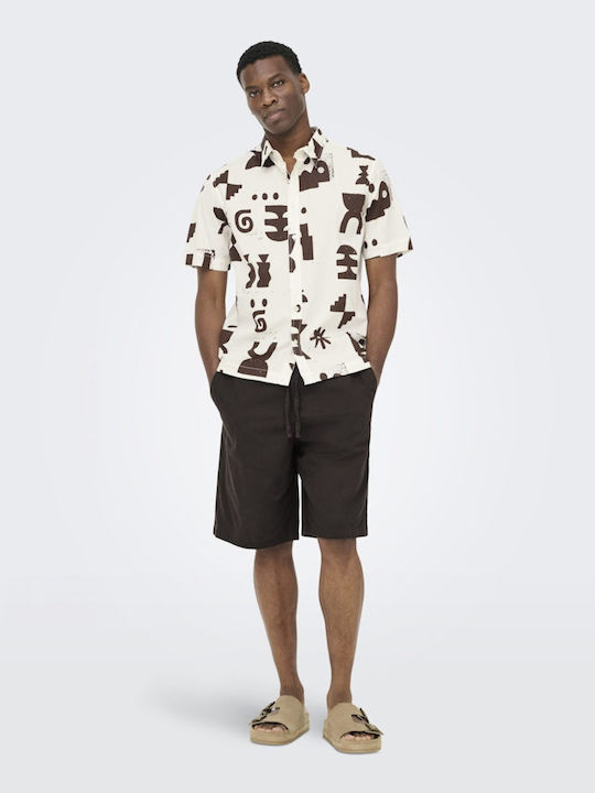 Short Sleeve Shirt in Regular Fit White and Brown