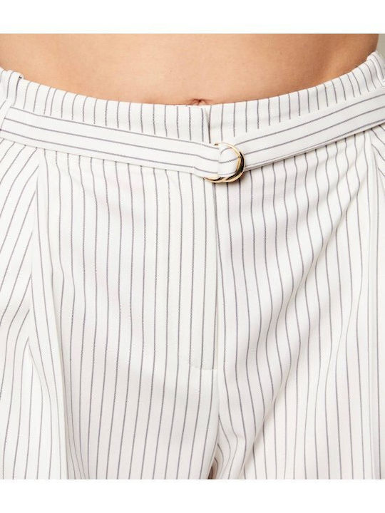Women's Fabric Trousers in Loose Fit Striped Ecru
