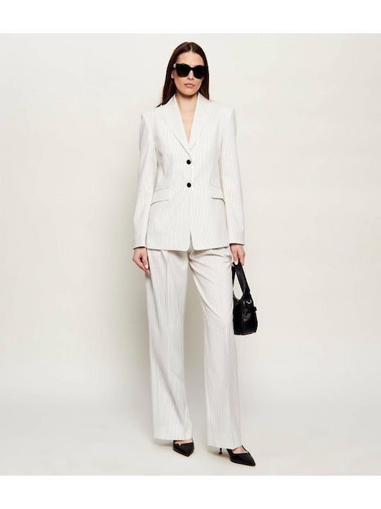 Women's Fabric Trousers in Loose Fit Striped Ecru
