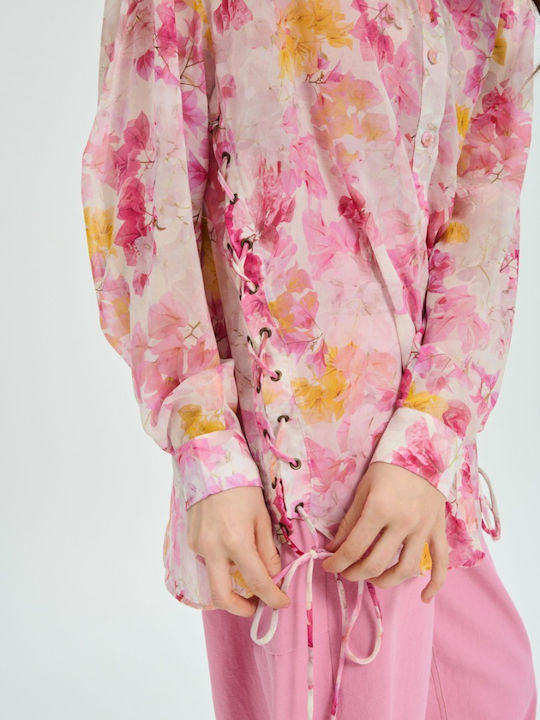 Long Sleeve Women's Silky Floral Pink Shirt