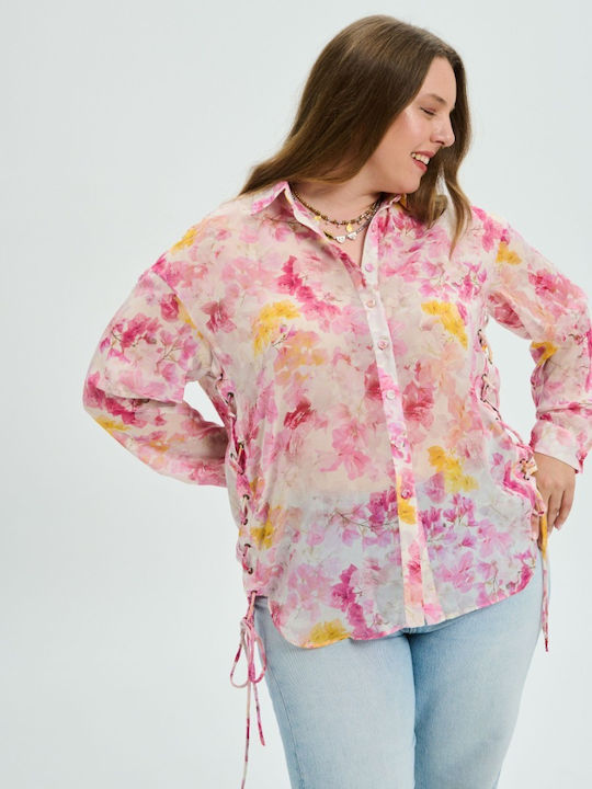 Long Sleeve Women's Silky Floral Pink Shirt