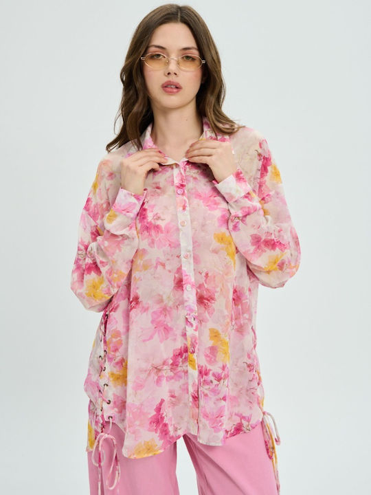 Long Sleeve Women's Silky Floral Pink Shirt