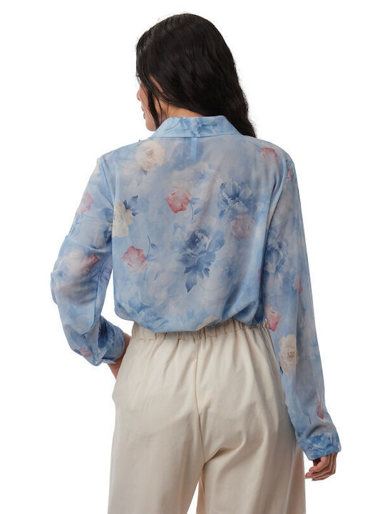 Long Sleeve Women's Shirt Light Blue Floral