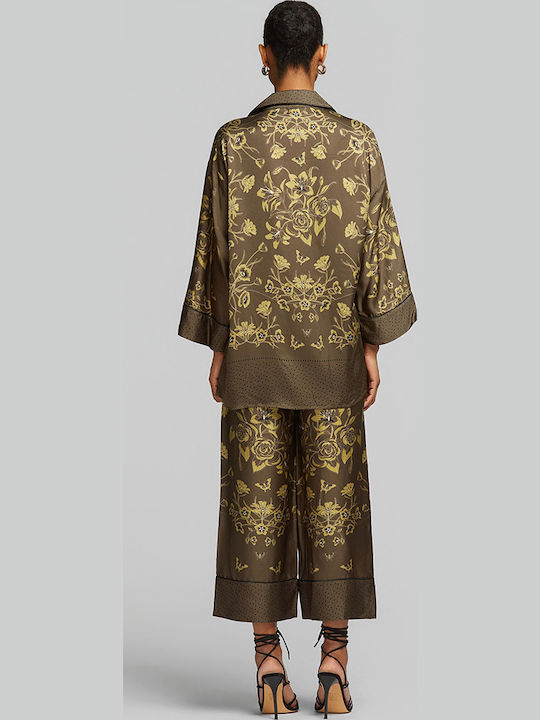 Long Sleeve Women's Satin Shirt Khaki