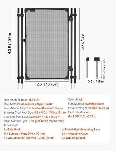 Vevor Pool Fence Gate 1.2 X 0.75 M Inground Swimming Pool Fences Gate Outdoor Security Fencing Door Kit Metal Latch Stopper 352 Gsm Teslin Pvc Mesh Square Tube Easy Installation Black