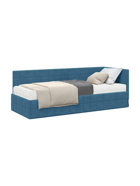 Single Bed Upholstered with Velvet Blue Velvet with Slats & Mattress 80x200cm