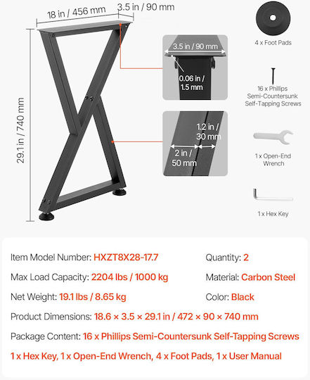 Vevor Metal Furniture Leg 2 Pieces Suitable for Table Coffee Table Desk 74x47.2cm Black
