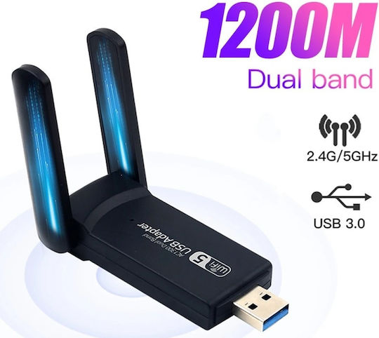 Безжичен Ac 1300 Двуобхватен Адаптер 1200mbps Usb 3.0 2.4g/5g Дълъг Обхват 2 Антени Черен