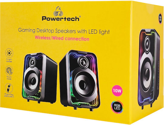 Powertech PT-1575 Ασύρματα Ηχεία Υπολογιστή 2.0 με RGB Φωτισμό και Bluetooth Ισχύος 5W Μαύρα