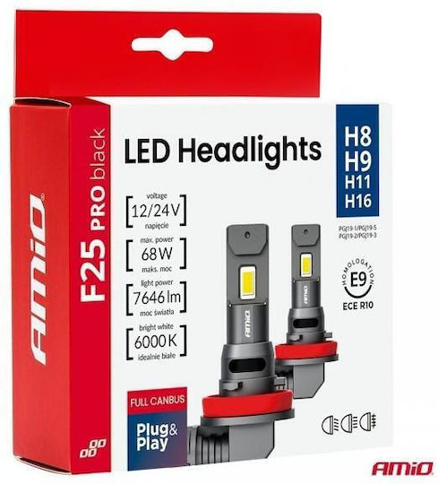 Amio LED Bulbs F25 Pro Black Edition H8 H9 H11 H16 68w 12-24v Full Canbus Brightness 7646lm Cold White 6000k Passenger Cars & Trucks Set of 2 pcs 04721/am 04721/am