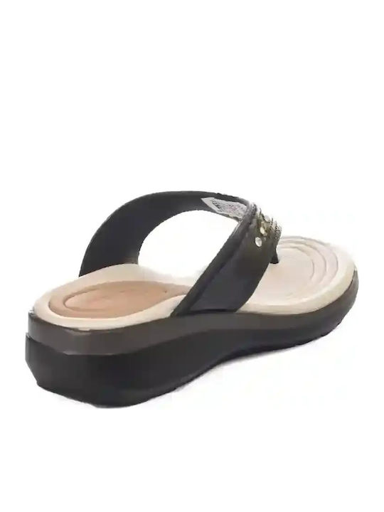 Deri Damen Anatomisch Flache Sandalen Schwarz