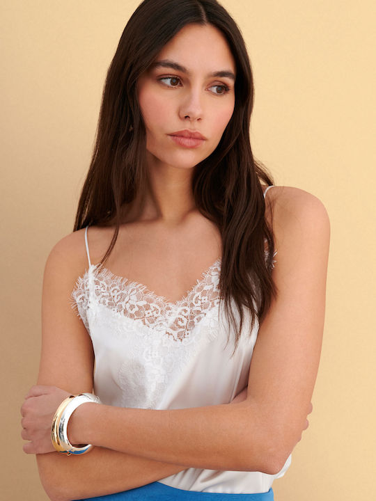 Damen Bluse Satin mit Spitze Weiß 9923705-Weiße
