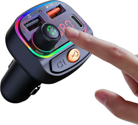 Osio Oft-4265bt Bluetooth FM Предавател За Кола 2×USB-A + 1×USB-C Hands-Free и Осветление в 7 Цвята Черен Osio