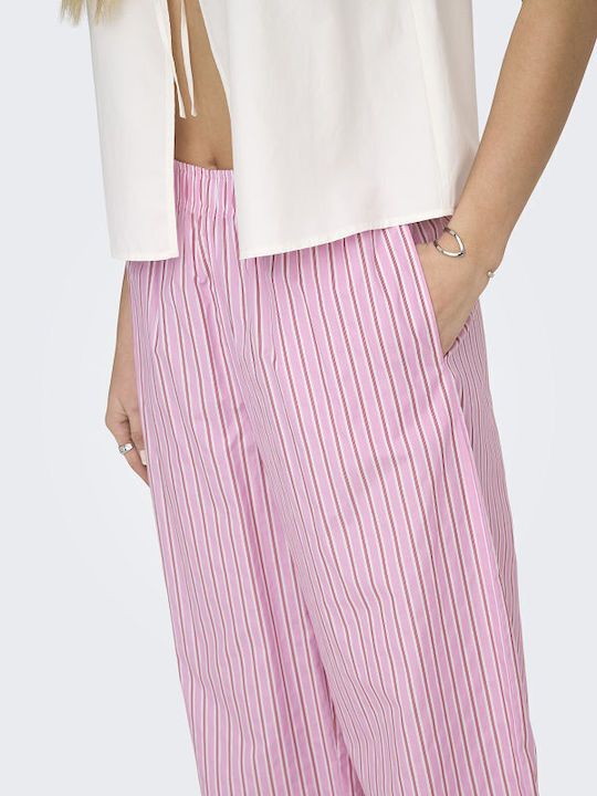 Wide Women's Pantaloons with Rubber Band in Wide Leg Striped Pink