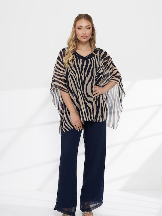 Women's Blue Set with Loose Fit Leopard Trousers
