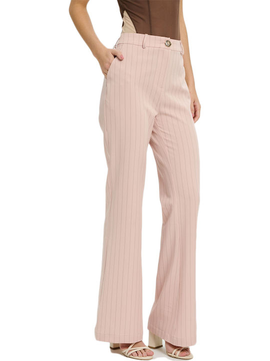 Women's Fabric Flared Striped Trousers Black-Pink