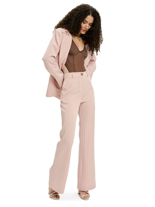 Women's Fabric Flared Striped Trousers Black-Pink