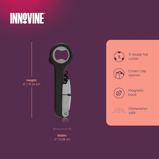 Innovine 12049 Professional Magnetic Corkscrew Double Lever & Cutter Black