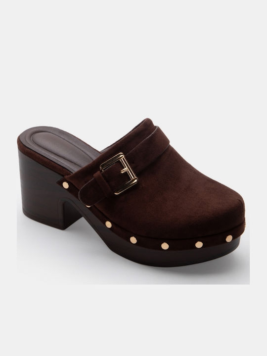 Suede Damen Pantoletten mit Hoch Absatz in Braune Farbe