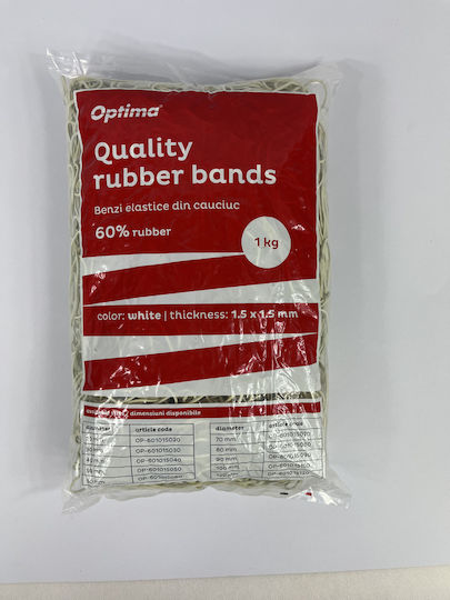 Benzi Elastice Optima Benzi de Cauciuc Bani 60% Cauciuc 1kg/pungă Diametru 90mm Grosime 1.5mm X 1.5mm Optima Albe