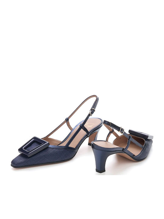 Leder Pumps mit Riemen & Mittelhohem Absatz Navy Blau